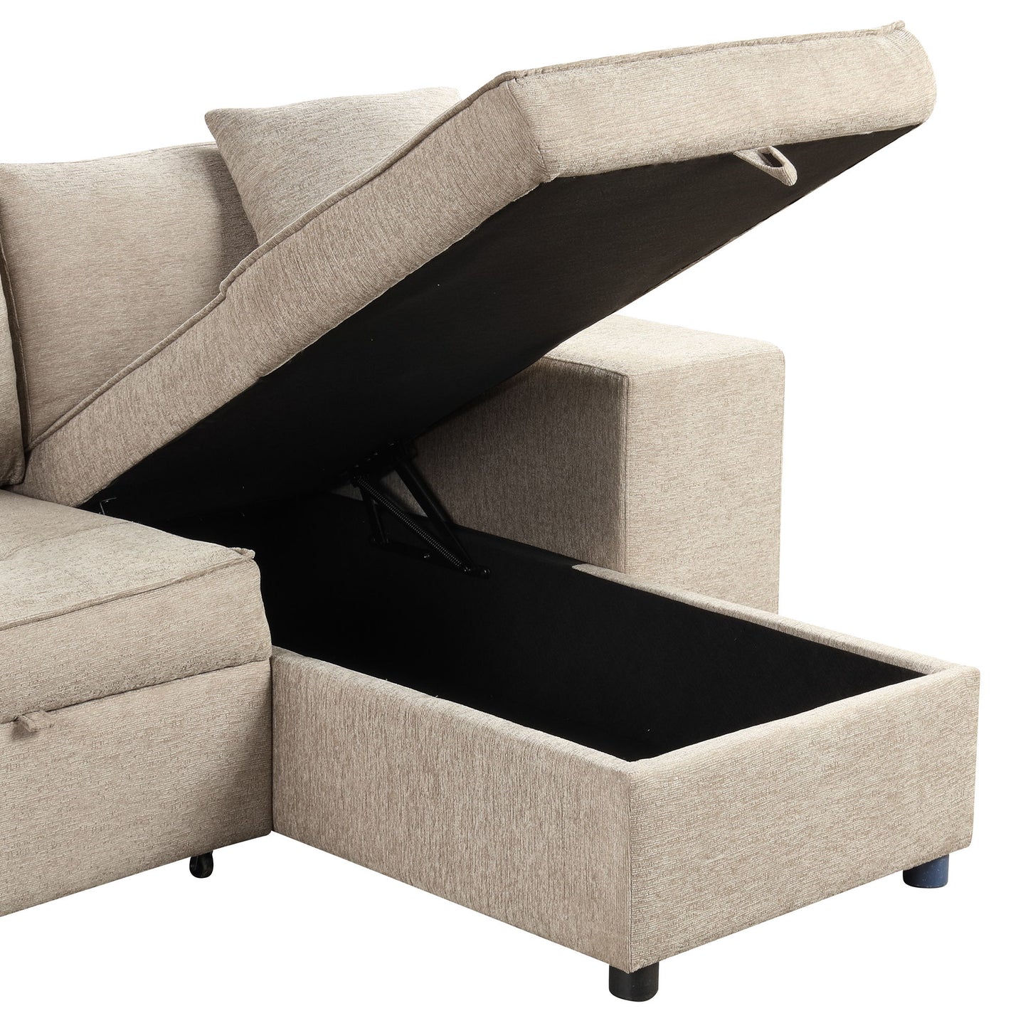 Modern L-Shape 3 Seat Reversible Sectional Couch, Pull Out Sleeper Sofa With Storage Chaise And 2 Stools For Living Room Furniture Set - Cream