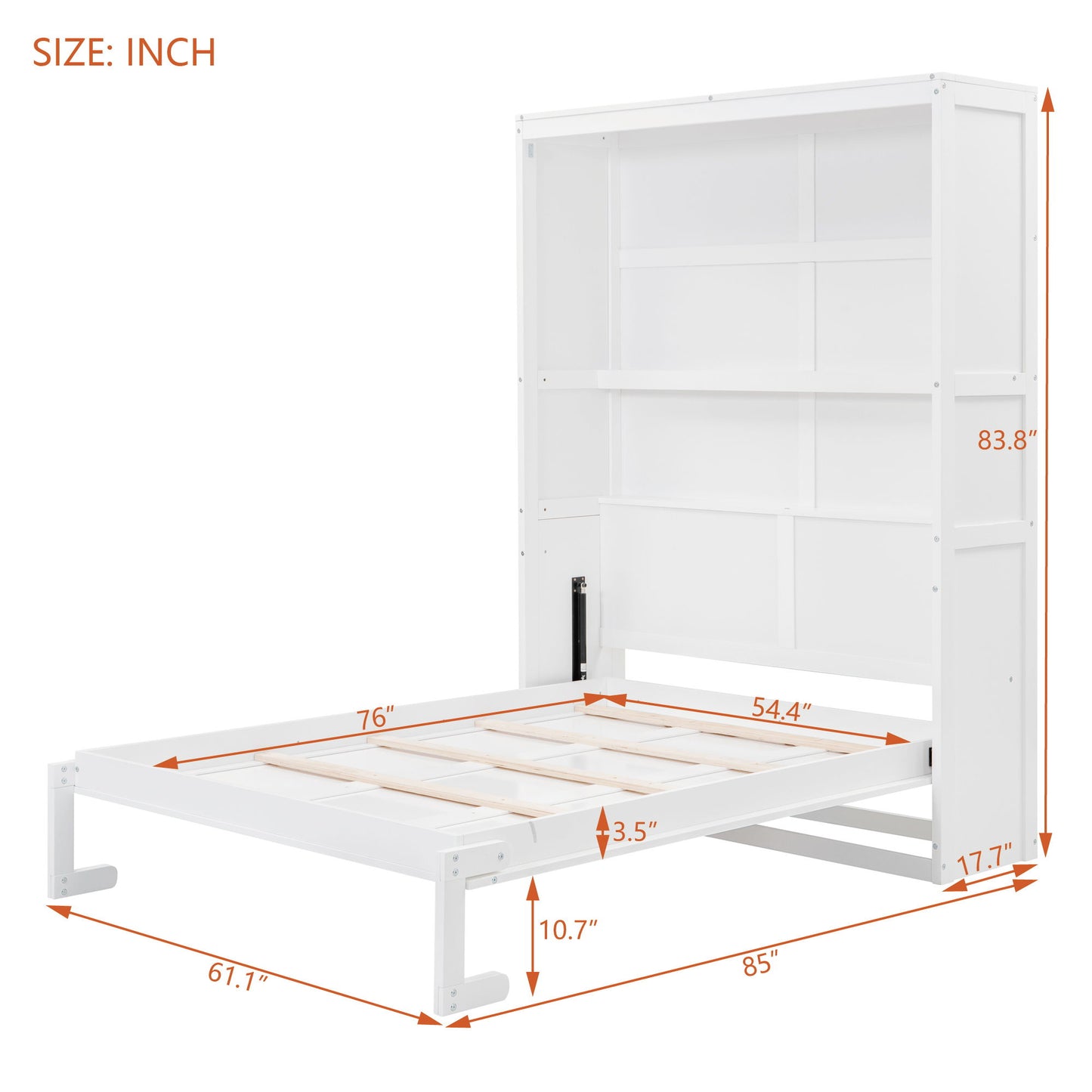 Full Size Murphy Classic Wall Bed With Shelves - White