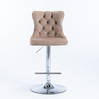 Swivel Velvet Barstools Adjusatble Seat Height From 25-33", Modern Upholstered Chrome Base Bar Stools With Backs Comfortable Tufted For Home Pub And Kitchen Island (Set of 2) - Khaki