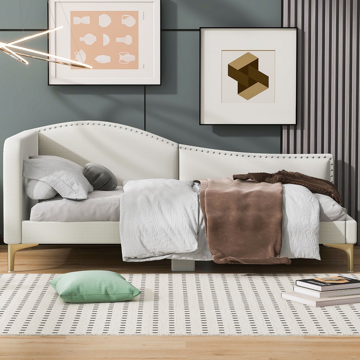 Twin Size Upholstered Daybed With Headboard And Armrest - Beige