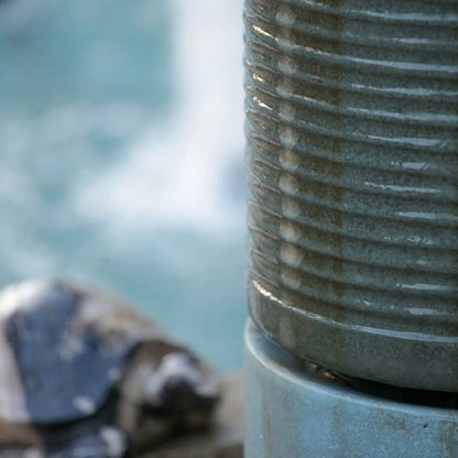 Tall Large Round Green Ribbed Tower Water Fountain, Verge Bronze, Cement Outdoor Bird Feeder / Bath Fountain - Antique Green