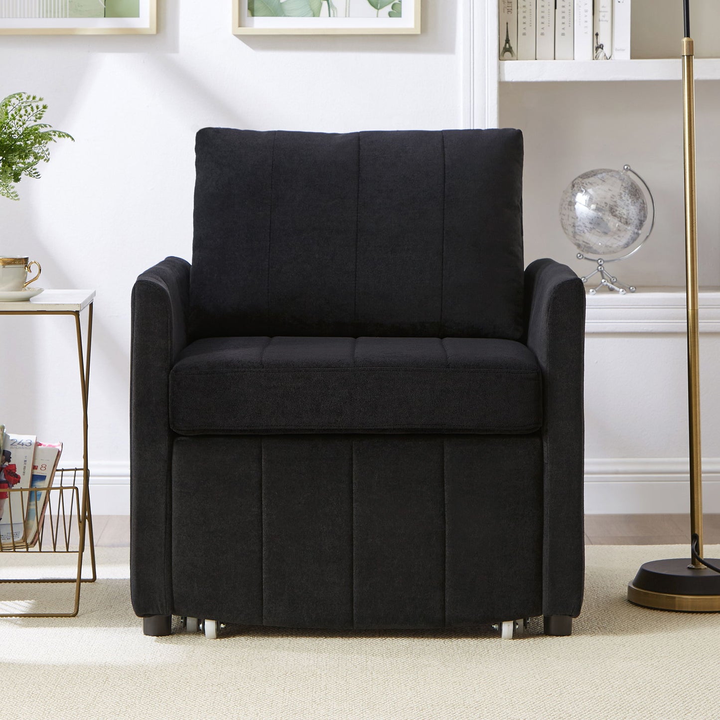 Upholstered Convertible Sleeper Sofa With 5 Position Backrest, Side Pockets, Storage - Black