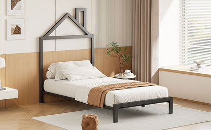 Twin Size Platform Bed With House-Shaped Headboard Design - Black