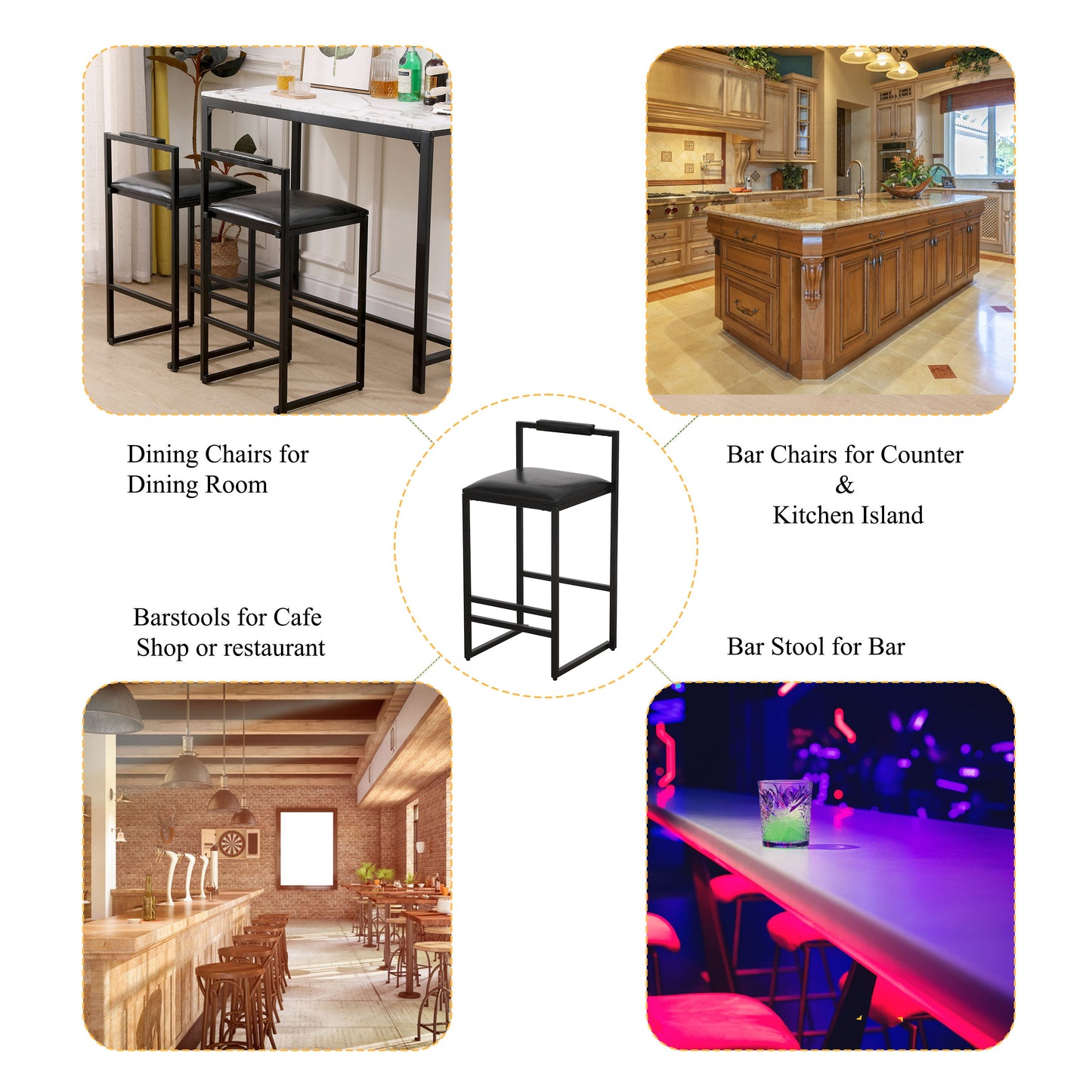 Elegant Bar Stool Set With Backrest And Footrest, Upholstered, Iron Frame, Counter Height - Black