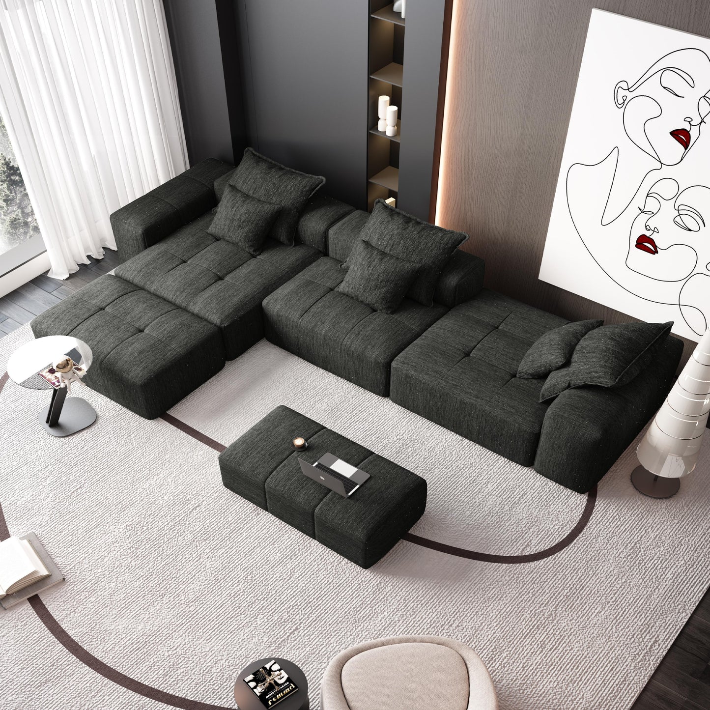 Modern Oversized Modular Sectional Sofa, Sparkling Fabric Soft Cushion Sofa With 6 Pillows, 6 Pieces Diy Combination Tufted Sofa, No Assembly Required - Black