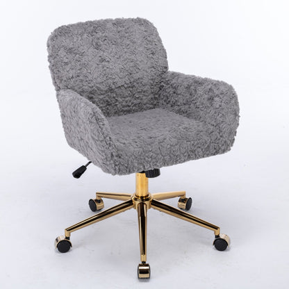 Office Chair, Artificial Rabbit Hair Home Office Chair With Golden Metal Base, Adjustable Desk Chair Swivel Office Chair, Vanity Chair - Gray