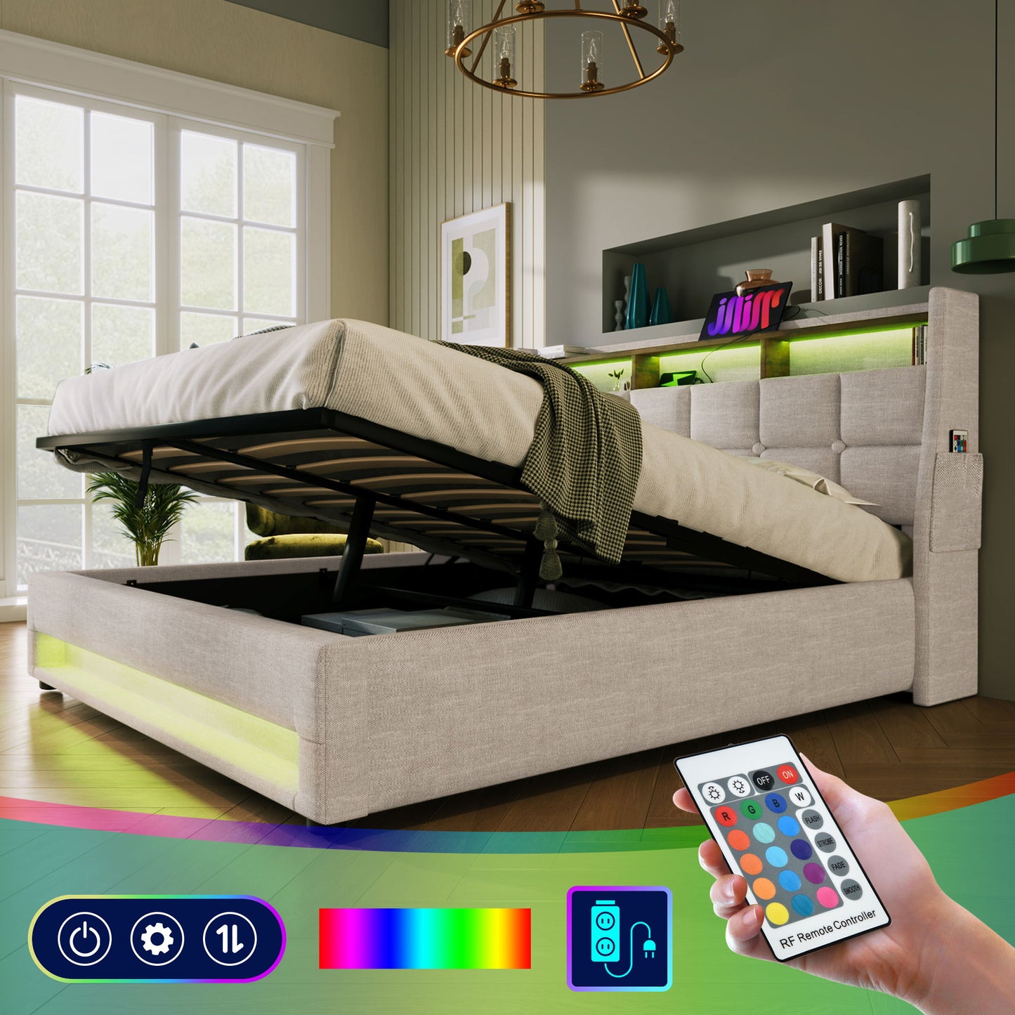 Queen Size Upholstered Platform Bed With A Hydraulic Storage System, LED And USB Charging (Without Mattress) - Natural