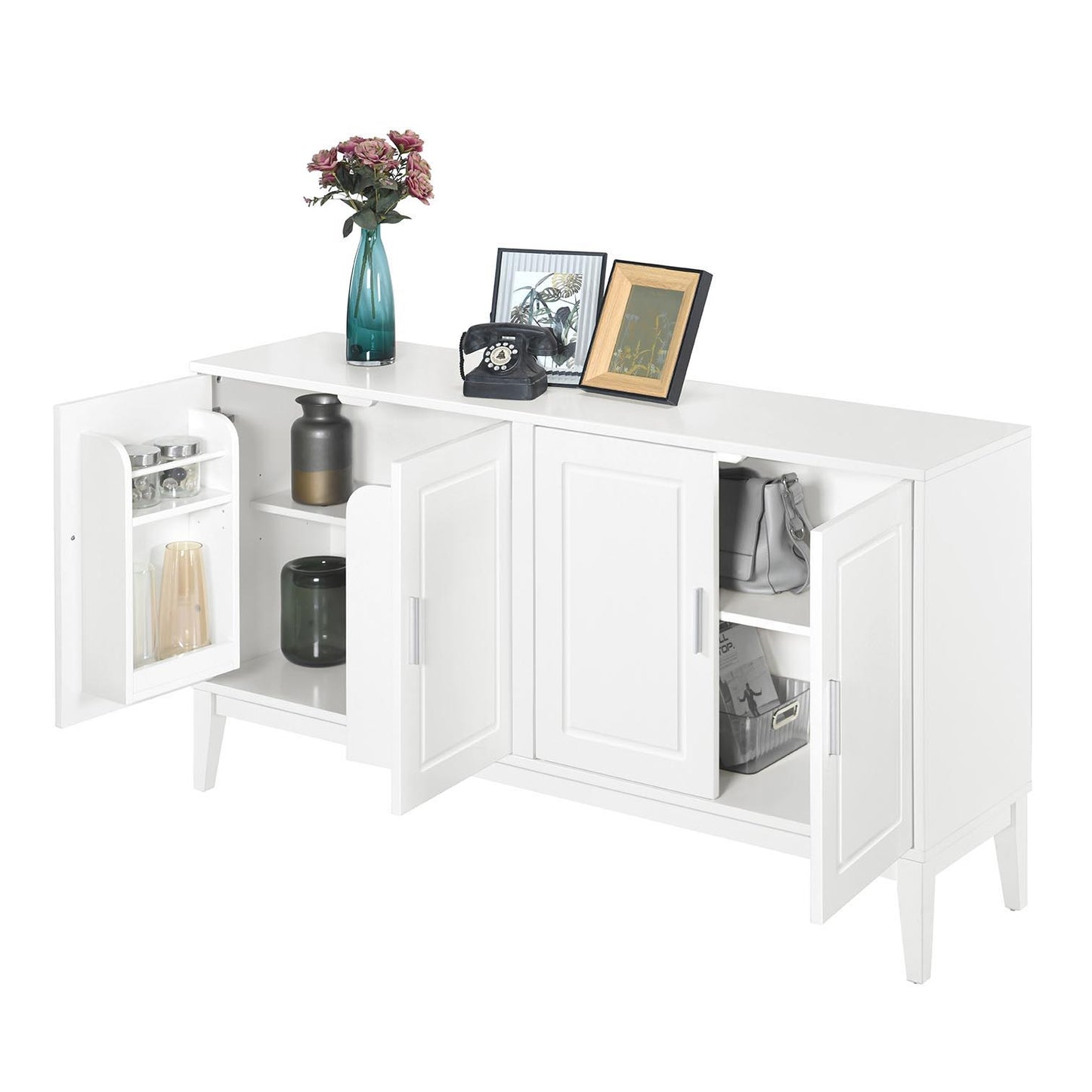 4 Door Sideboard Storage Cabinet With Door Shelf For Living Room And Dining Room, 2 Large Cabinets With Adjustable Shelf - White