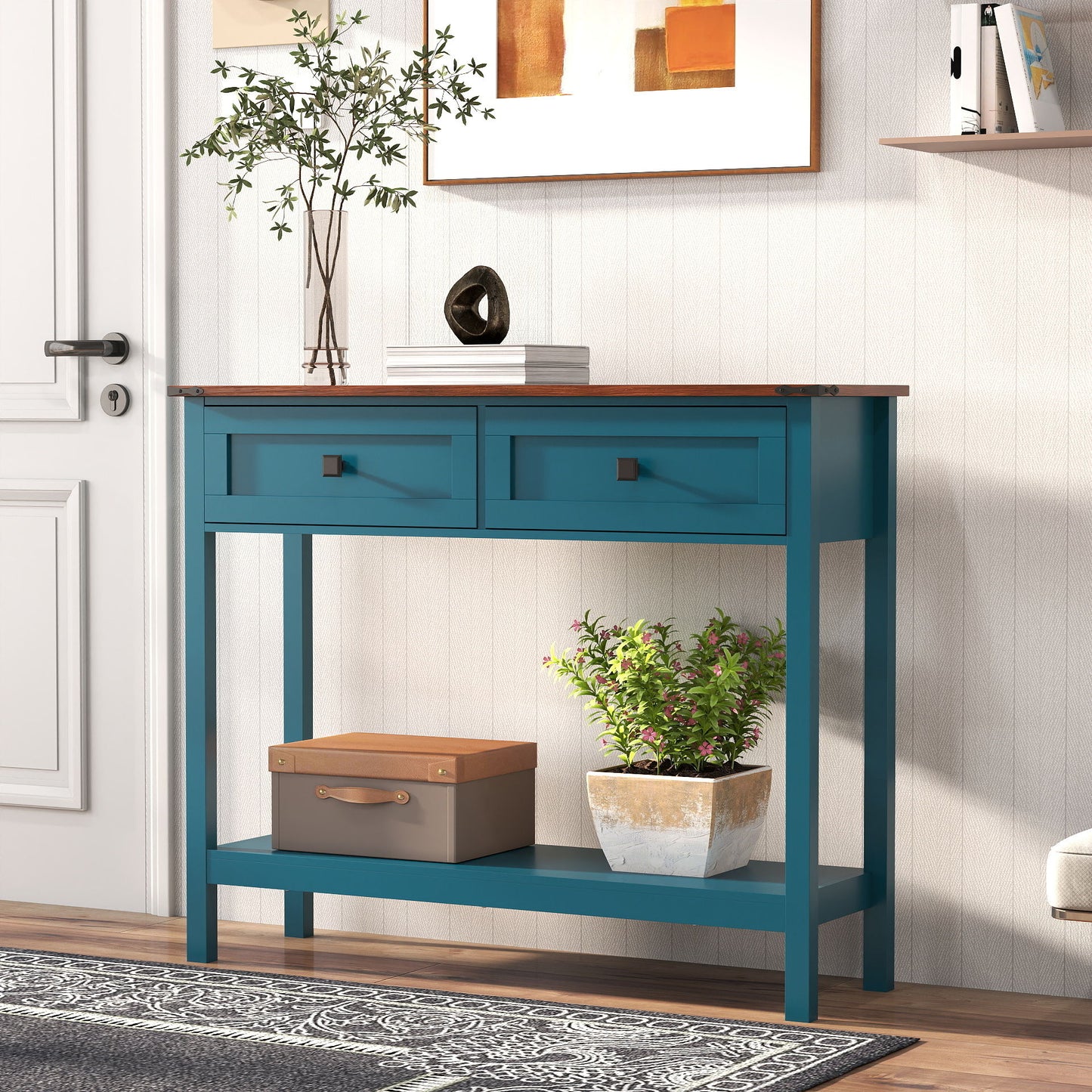 Farmhouse Style Console Table With 2 Drawers And Bottom Storage Shelf, Pagoda - Blue