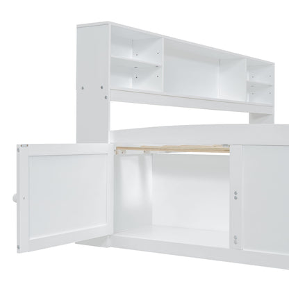 Full Size Daybed With 2 Bedside Cabinets, Upper Shelves And 4 Drawers - White