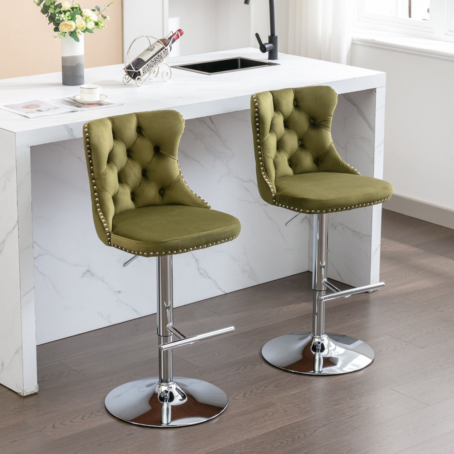 Swivel Velvet Barstools Adjusatble Seat Height From 25-33", Modern Upholstered Chrome Base Bar Stools With Backs Comfortable Tufted For Home Pub And Kitchen Island (Set of 2), 1712Ol - Olive Green