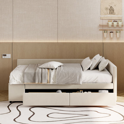 Twin L Shaped Upholstered Platform Bed With Storage And Drawers - Beige