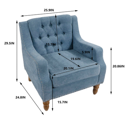 Accent Chair, Living Room Chair, Footrest Chair Set With Vintage Brass Studs, Button Tufted Upholstered Armchair For Living Room, Comfy Reading Chair For Bedroom, Reception Room - Blue