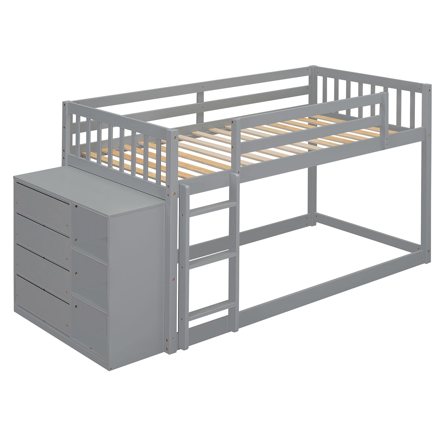 Twin Over Twin Classic Bunk Bed With 4 Drawers And 3 Shelves - Gray