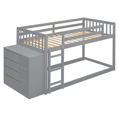 Twin Over Twin Classic Bunk Bed With 4 Drawers And 3 Shelves - Gray