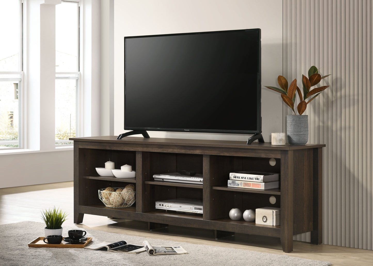 Benito - Wide TV Stand With Open Shelves And Cable Management - Dark Dusty Brown