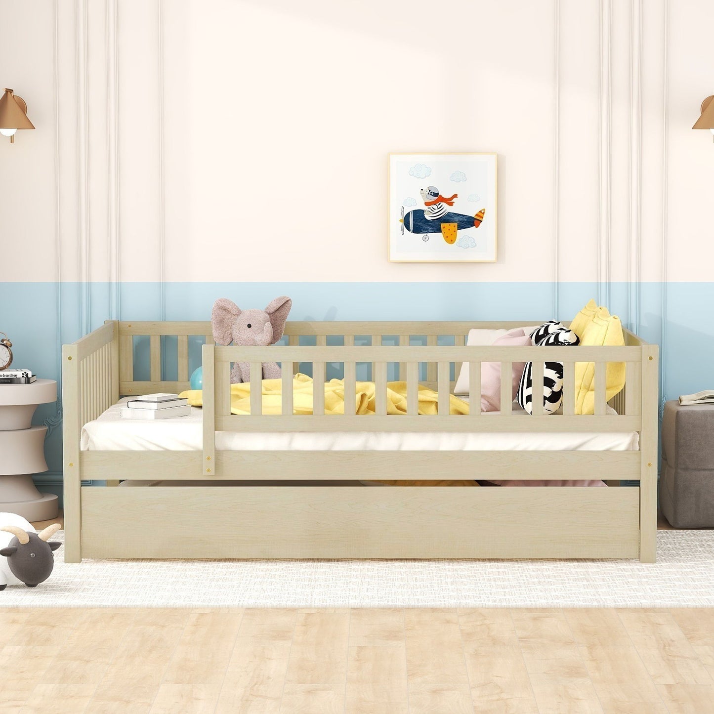 Full Size Daybed With Trundle And Fence Guardrails - Natural