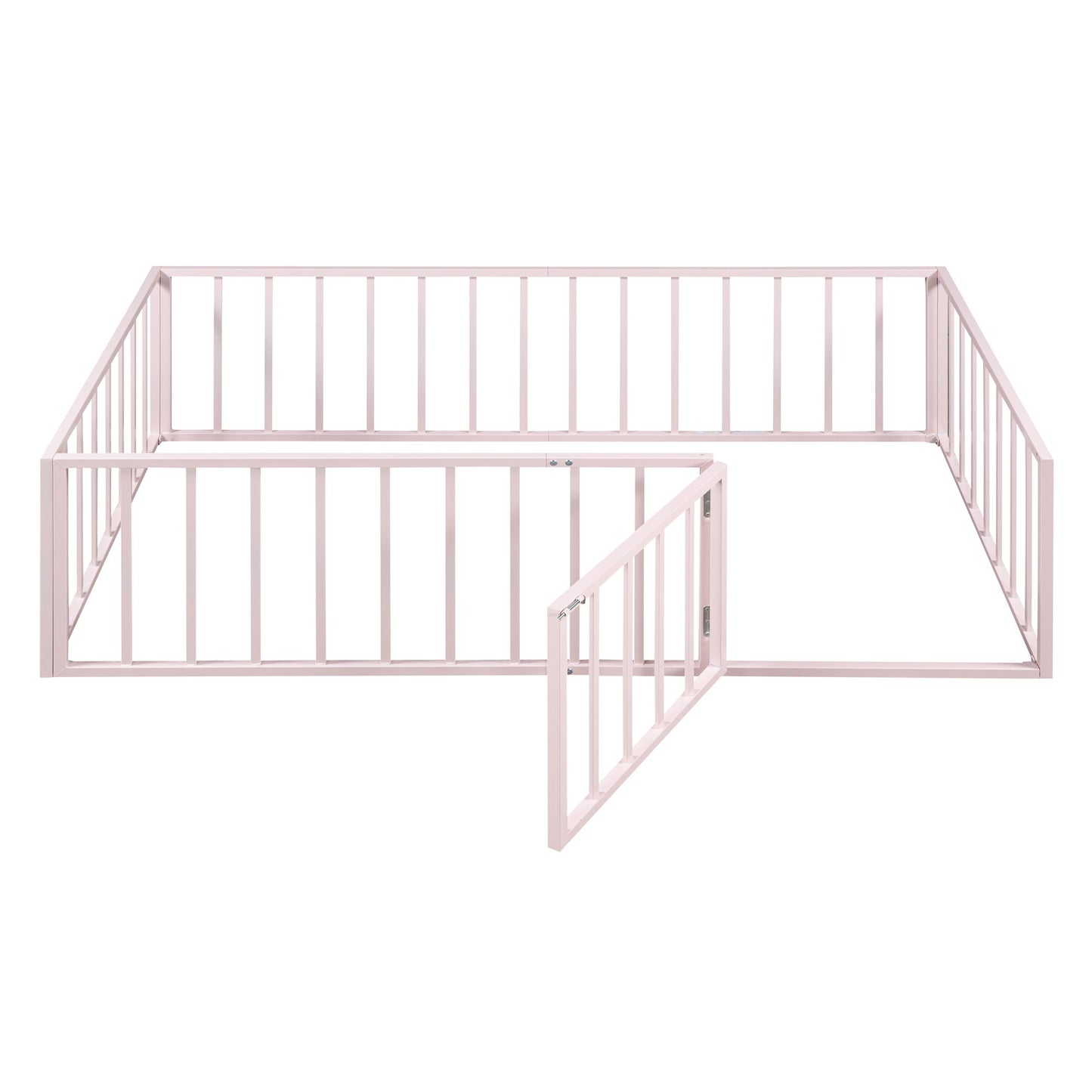 Twin Size Floor Bed Frame With Fence And Door - Pink