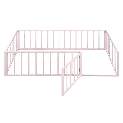 Twin Size Floor Bed Frame With Fence And Door - Pink