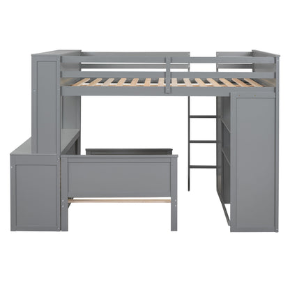 Full Size Loft Bed With A Twin Size Standalone Bed, Shelves, Desk, And Wardrobe - Gray