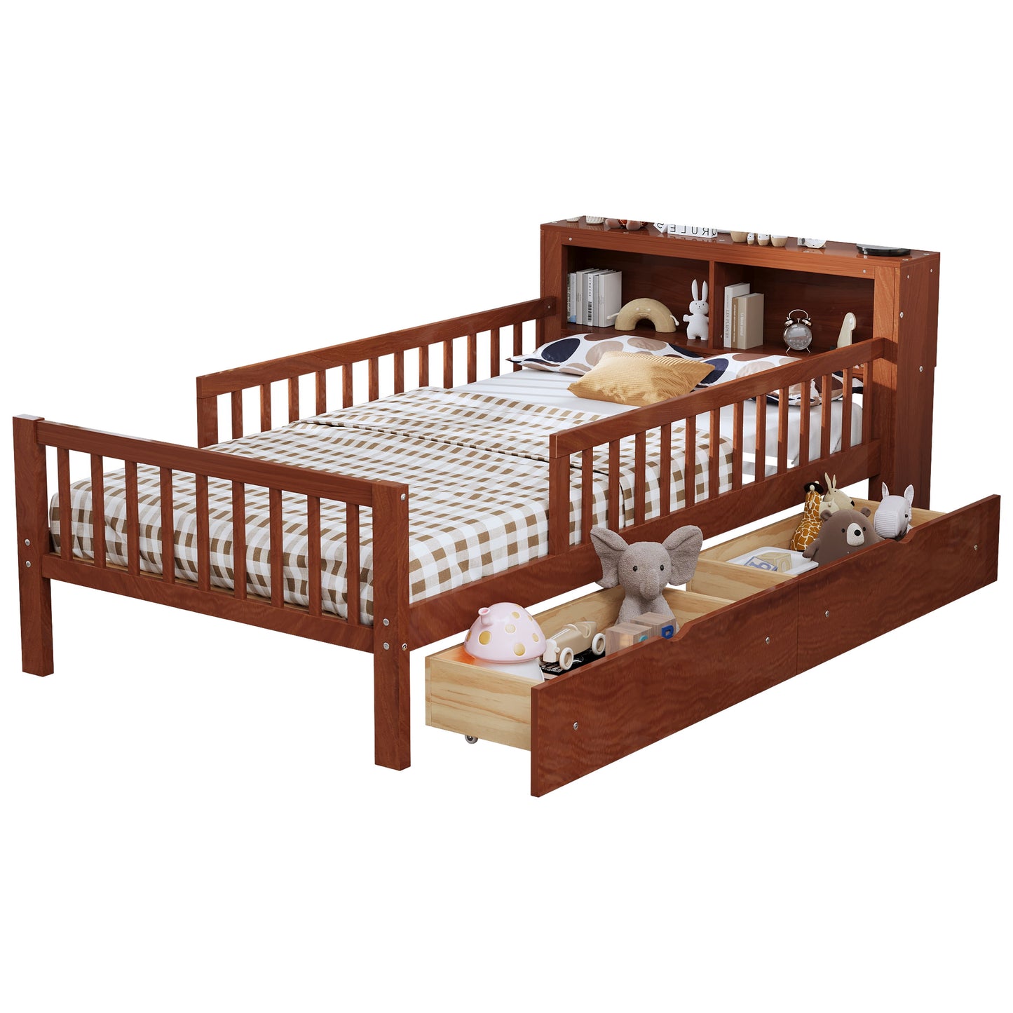Twin Size Bed With Headboard Storage Rack, 2 Under Bed Drawers, 3 - Side Guardrails For Safety And Security - Walnut