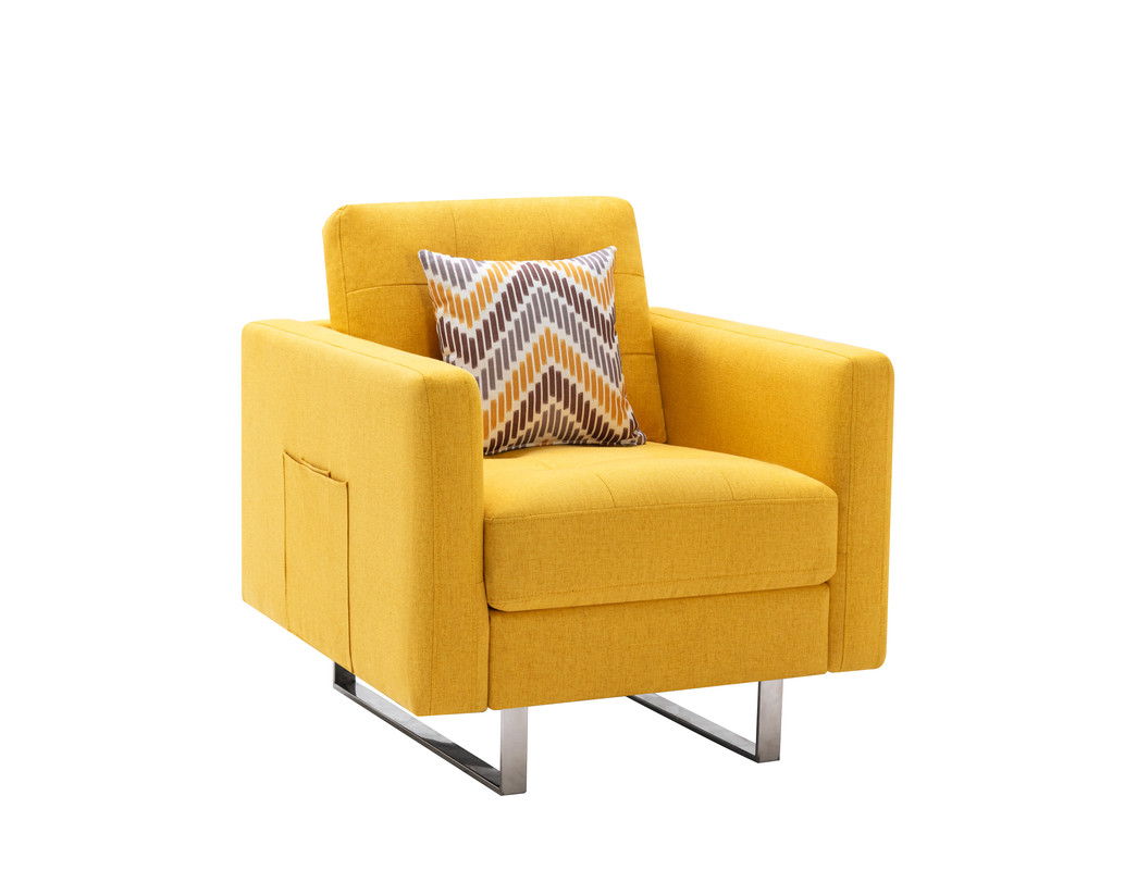 Victoria - Linen Fabric Armchair With Metal Legs, Side Pockets, And Pillow - Yellow