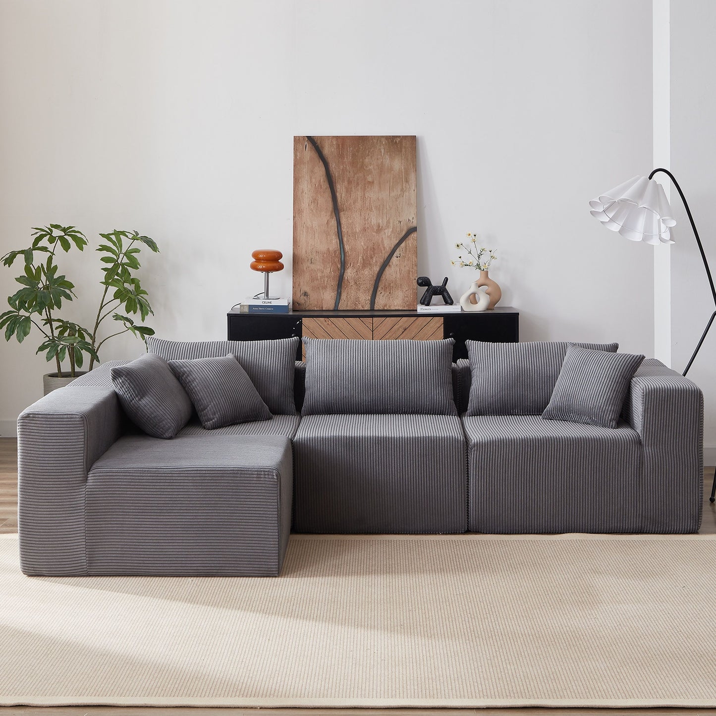 Corduroy Modular L Shaped Sectional Sofa, Luxury Floor Couch Set, 4 Piece Free Combination - Gray