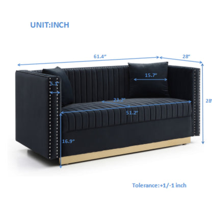 Contemporary Vertical Channel Tufted Sofa Loveseat Modern Upholstered Couch For Living Room With 2 Pillows - Black