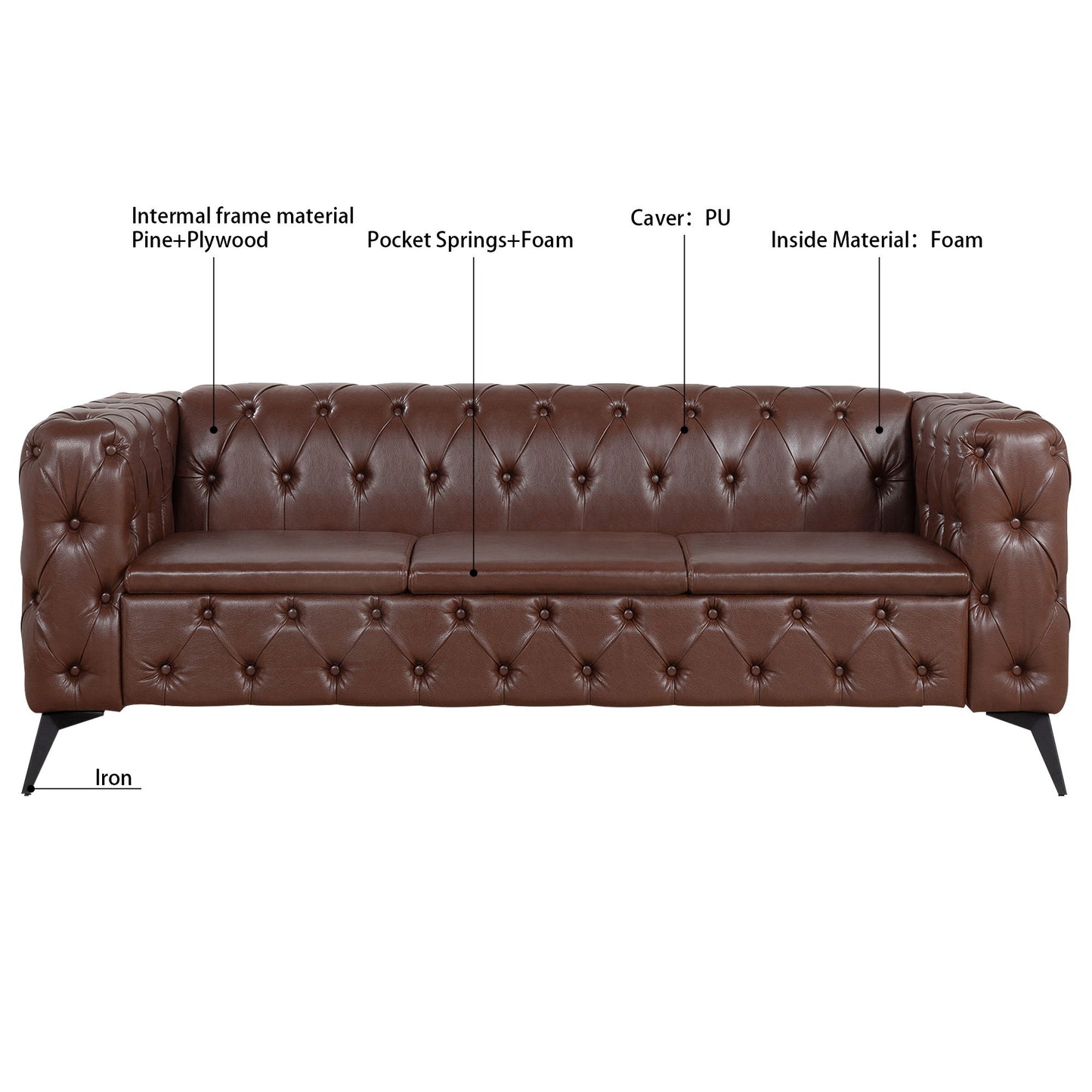 84.06" Width Traditional Square Arm Removable Cushion 3 Seater Sofa - Dark Brown