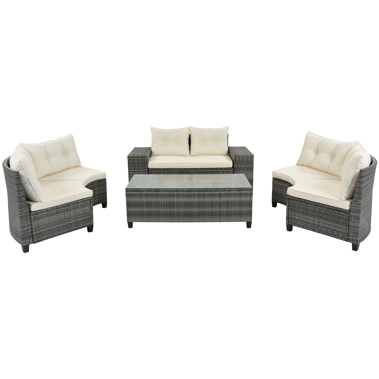 8 Pieces Outdoor Wicker Round Sofa Set, Half-Moon Sectional Sets All Weather, Curved Sofa Set With Rectangular Coffee Table, PE Rattan Water-Resistant And UV Protected, Movable Cushion - Beige