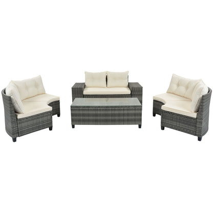 8 Pieces Outdoor Wicker Round Sofa Set, Half-Moon Sectional Sets All Weather, Curved Sofa Set With Rectangular Coffee Table, PE Rattan Water-Resistant And UV Protected, Movable Cushion - Beige