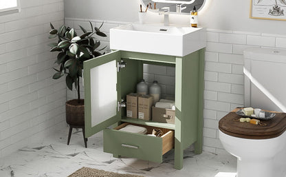 Bathroom Vanity With Ceramic Sink And Ample Storage, Ideal For Small Bathrooms - Green