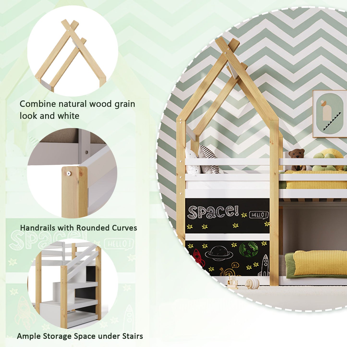 Twin Over Twin House Bunk Bed With White Storage Staircase And 2 Blackboards - White / Natural