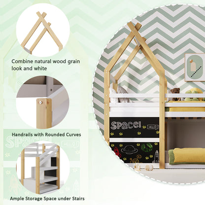 Twin Over Twin House Bunk Bed With White Storage Staircase And 2 Blackboards - White / Natural