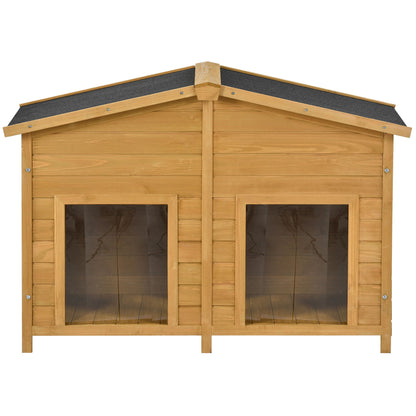 Large Wooden Dog House Outdoor / Indoor Dog Crate, Cabin Style, With Porch, 2 Doors - Natural