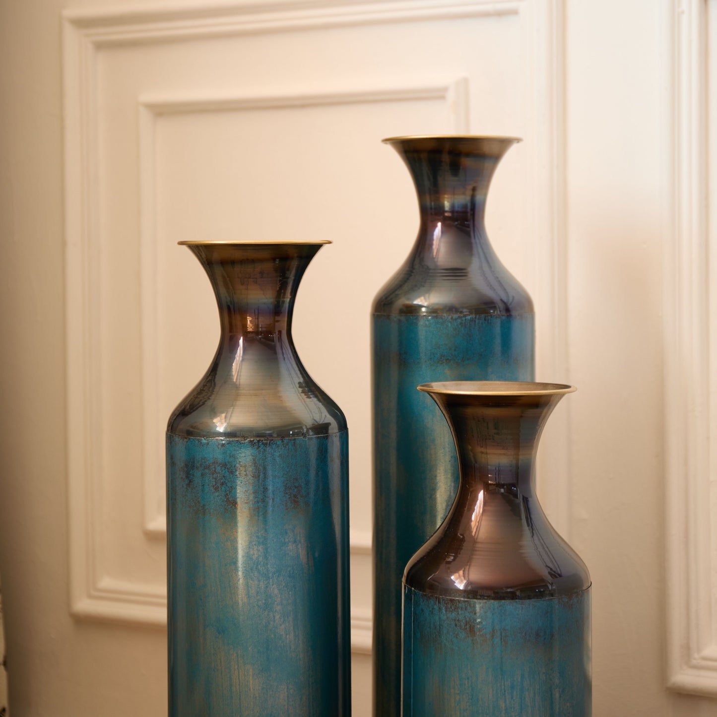 Modern Droplet Shaped Floor Vase Set, Glazed Metal Decorative Vases 3 Piece Home Decor - Aqua Blue