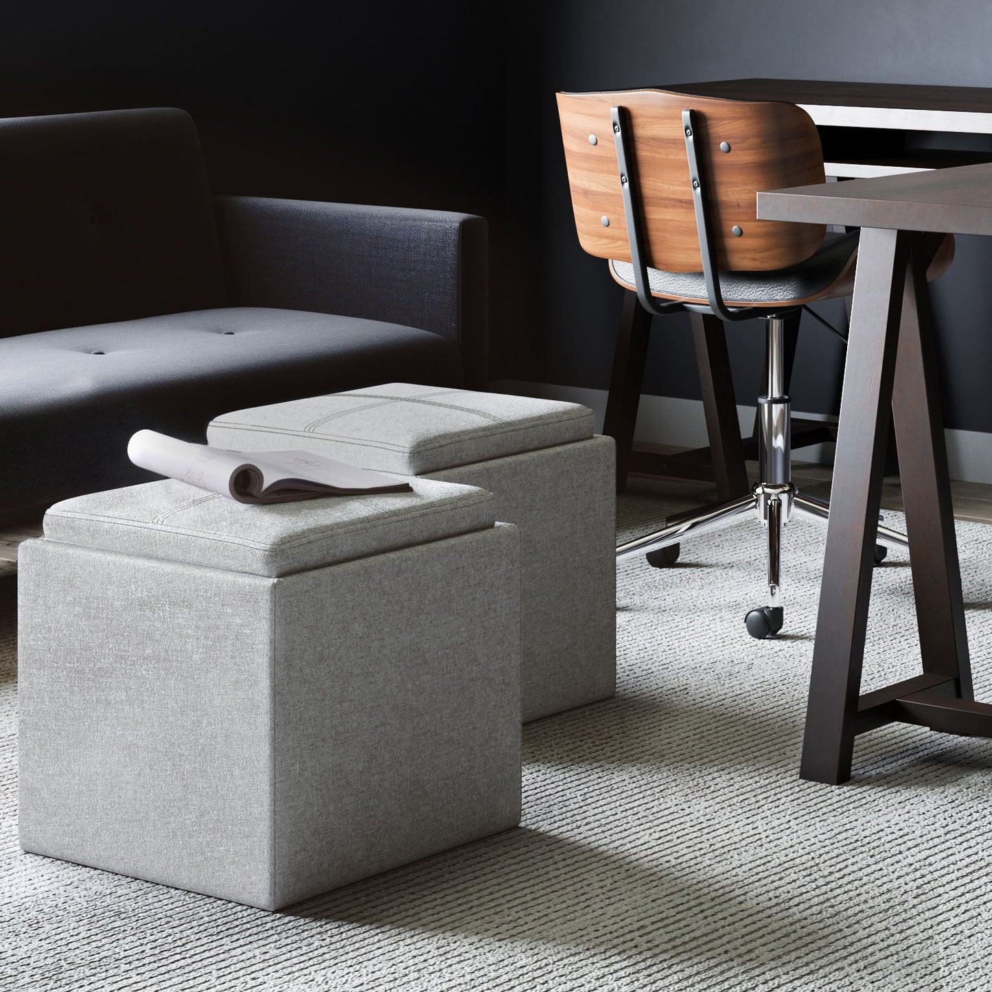 Rockwood - Cube Storage Ottoman With Tray - Cloud Gray