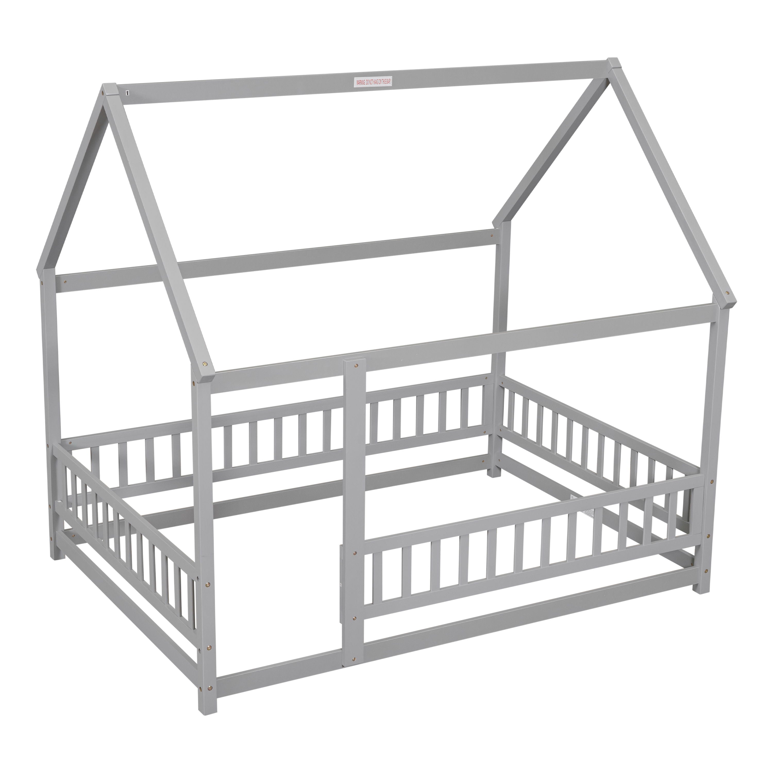 Full Size Floor Wooden Bed With House Roof Frame, Fence Guardrails - Gray