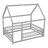 Full Size Floor Wooden Bed With House Roof Frame, Fence Guardrails - Gray
