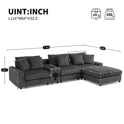Sectional With Bluetooth Speakers L Shaped Couch With Console USB Charger, Cup Holders Storage Ottoman Deep And Wide Seat Cloud Sofa - Dark Gray