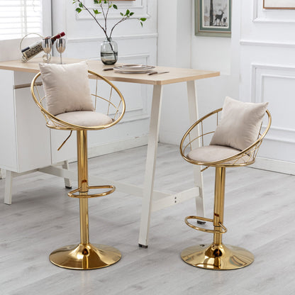 Velvet Bar Chair, Pure Gold Plated, Unique Design, 360 Degree Rotation, Adjustable Height, Suitable For Dining Room And Bar, (Set of 2) - Off White