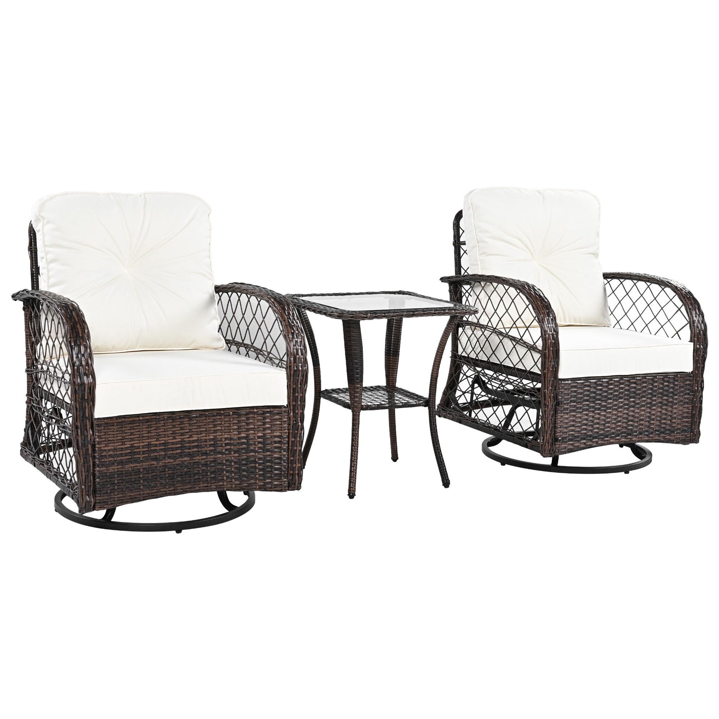 3 Piece Outdoor Chair & Table Set Chat Set 2 Person Rattan Seating Group With 2 Swiveling And Rocking Chairs And A Square Table For Garden, Patio, Or Balcony - Brown