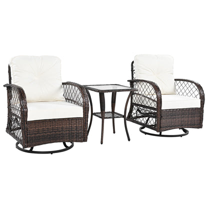 3 Piece Outdoor Chair & Table Set Chat Set 2 Person Rattan Seating Group With 2 Swiveling And Rocking Chairs And A Square Table For Garden, Patio, Or Balcony - Brown