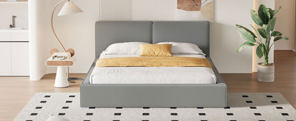 Queen Size Upholstered Platform Bed, Grounded Bed With Solid Frame - Gray