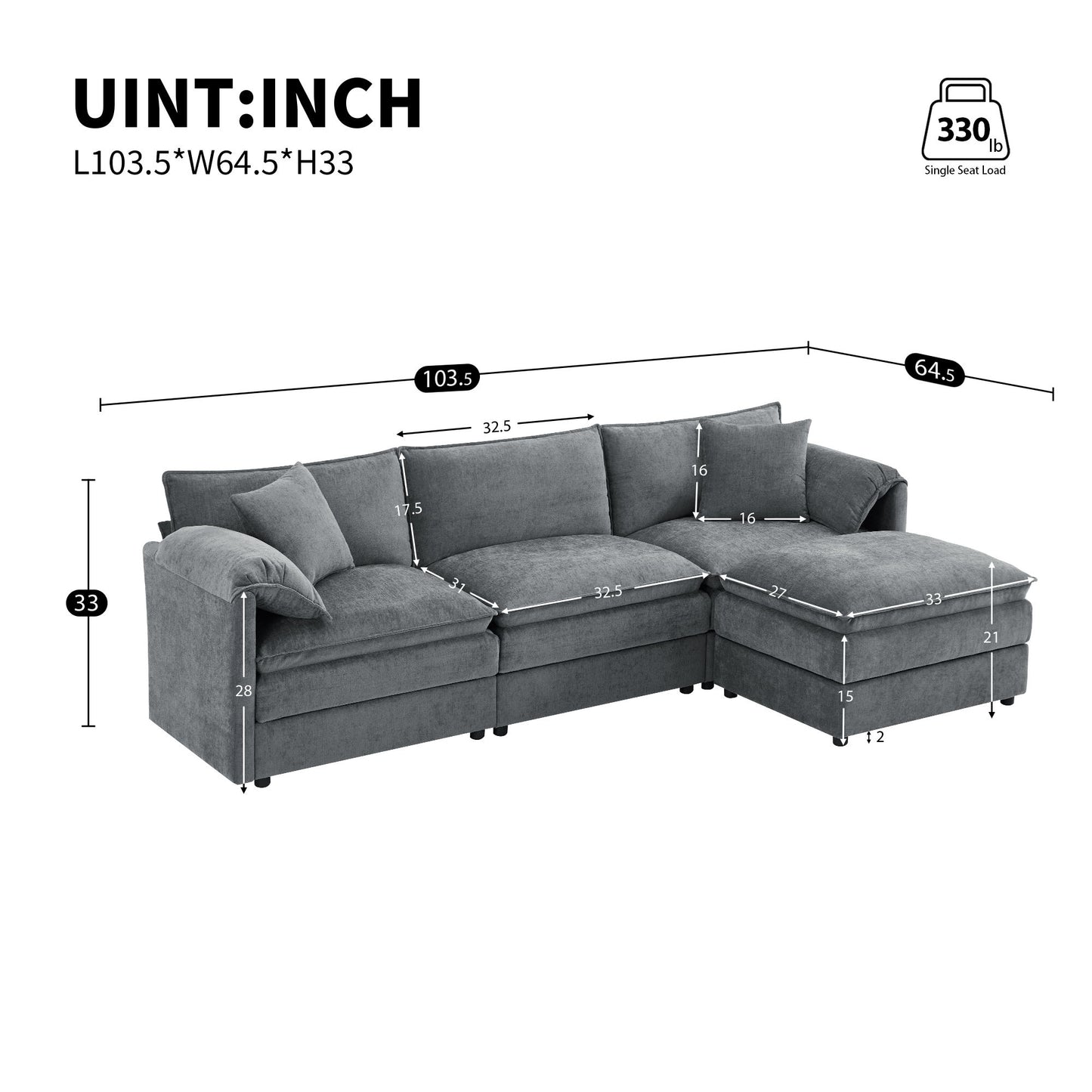 Modular Sectional With Deep And Wide Seat, L Shaped Cloud Couch Set With Double Cushions 4 Seat Sofa With Movable Ottoman Oversized - Dark Gray