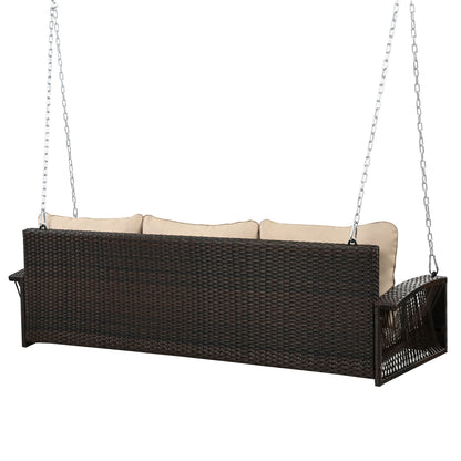 3 Person Porch Swing With Chains, Large Patio Swing Bench With Cushions For Backyard, Garden, And Poolside - Brown
