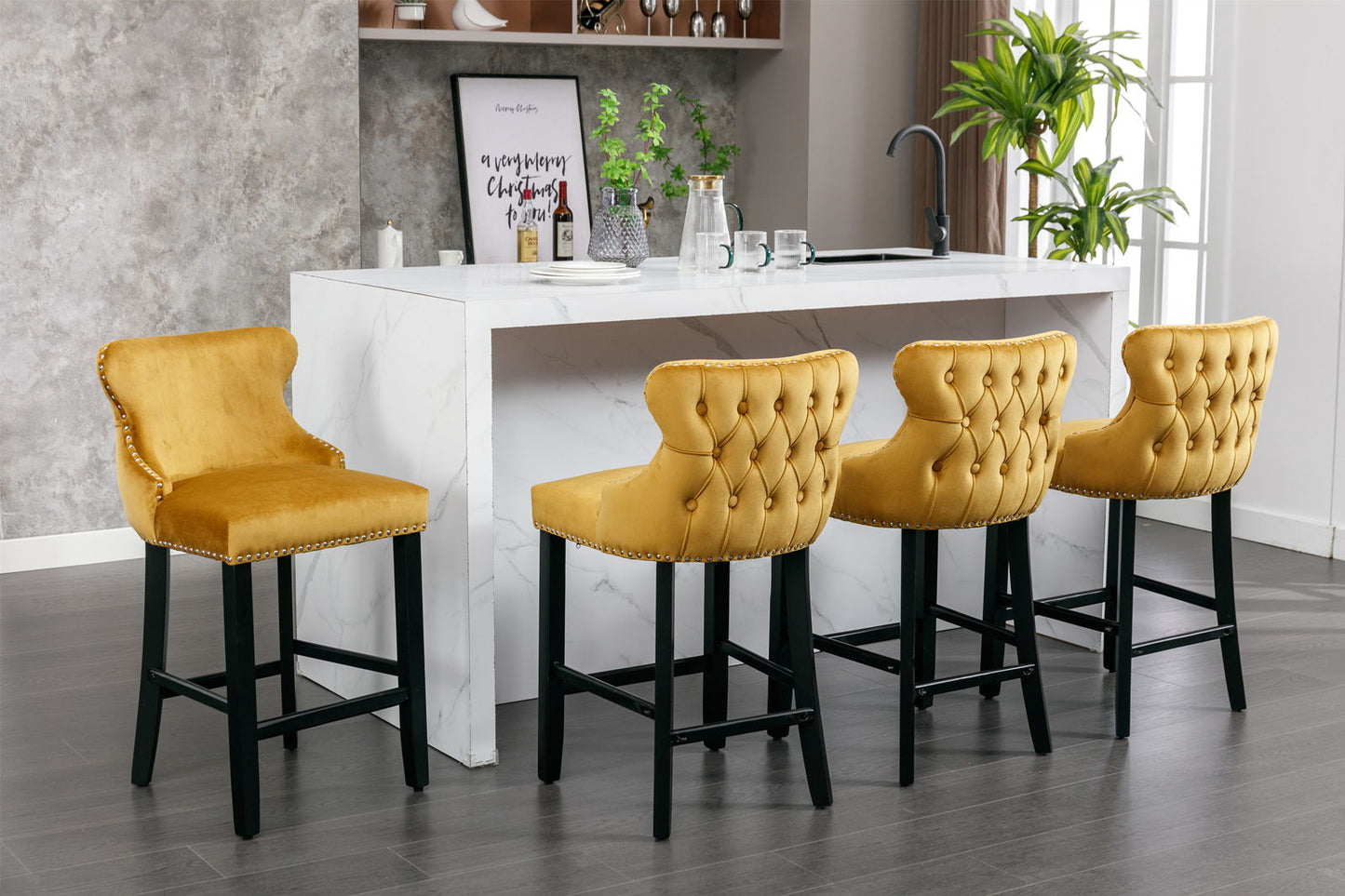 Contemporary Velvet Upholstered Wing-Back Barstools With Button Tufted Decoration And Wooden Legs, And Chrome Nailhead Trim, Leisure Style Bar Chairs, Bar Stools (Set of 4) - Gold