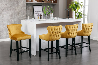 Contemporary Velvet Upholstered Wing-Back Barstools With Button Tufted Decoration And Wooden Legs, And Chrome Nailhead Trim, Leisure Style Bar Chairs, Bar Stools (Set of 4) - Gold