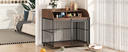 Heavy Duty Large Dog Crate Furniture For Large Medium Dog With Lockable Wheels, Wooden Dog Crate Dog Kennel, End Table Crate With Double Layer Storage - Brown