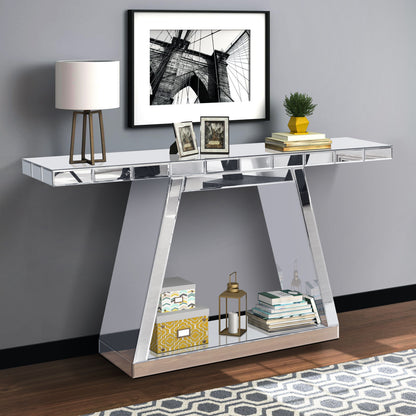 Modern Luxe Full Body Mirror Entryway Table With Trapezoid Base, 360ÔøΩÔøΩÔøΩÔøΩÔøΩÔøΩÔøΩÔøΩÔøΩÔøΩÔøΩÔøΩÔøΩÔøΩÔøΩÔøΩÔøΩÔøΩÔøΩÔøΩÔøΩÔøΩÔøΩÔøΩÔøΩÔøΩÔøΩÔøΩÔøΩÔøΩÔøΩÔøΩÔøΩ Reflective Console, Scratch Resistant, Open Storage - Silver